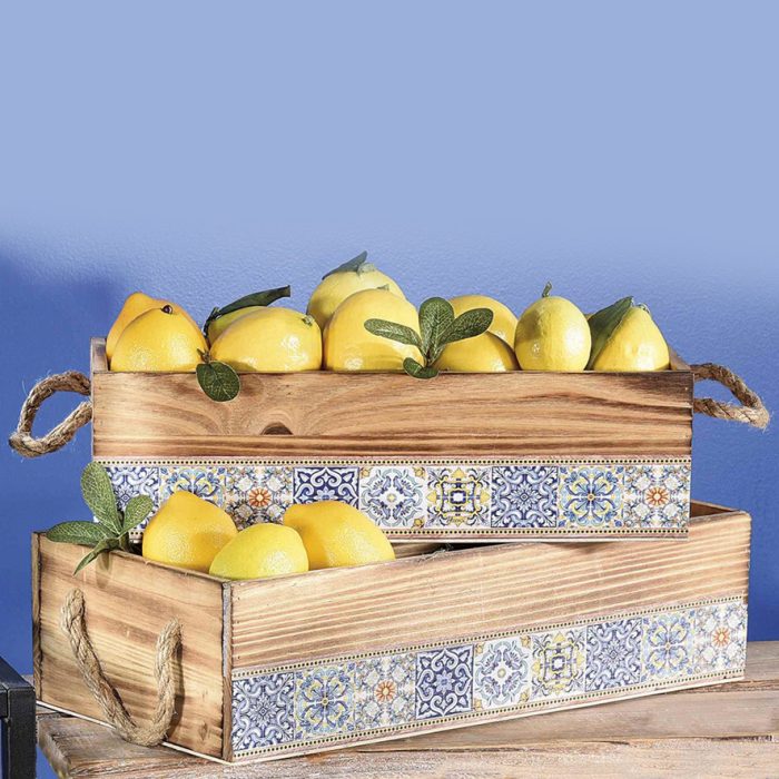 Set 2 cassette in legno manici in corda, decori "Maiolica" 4