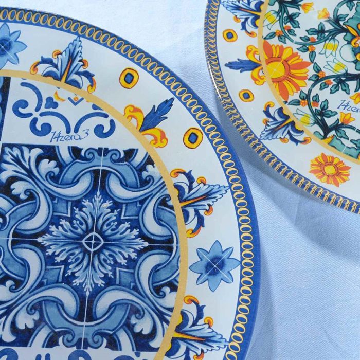 Set 3 piatti tondi per alimenti in vetro con decoro "Maiolica" 2