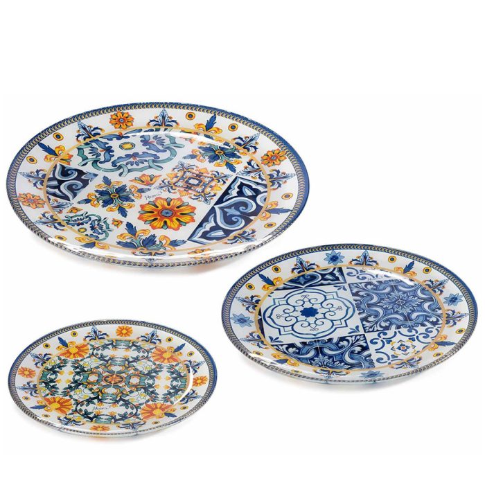 Set 3 piatti tondi per alimenti in vetro con decoro "Maiolica" 1