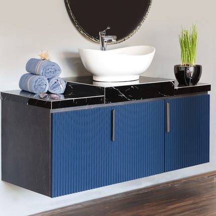 Mobile bagno sospeso con lavabo in ceramica, ante e cassetti sagomati, New York 8